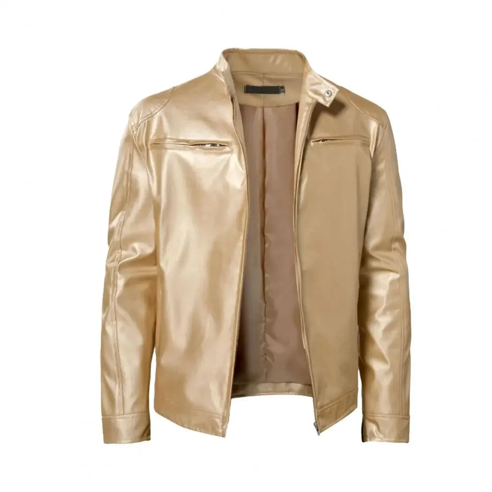 Shiny Gold Leather Jackets for Men Night Club 2024 Mens Fashion Leather Jacket Anti-Wind Motorcycle Hip Hop Coat