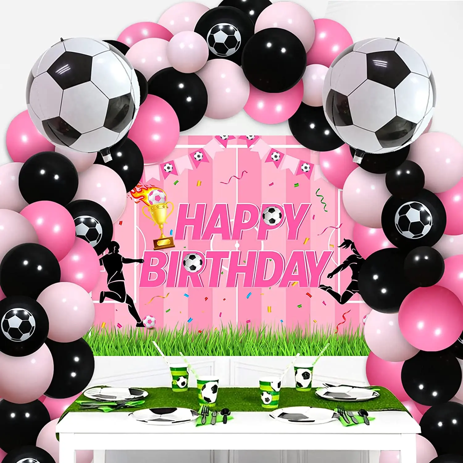 Imagem -04 - Decorações Rosa do Partido do Aniversário do Futebol Decorações do Partido do Futebol para a Menina Soccer Girl Feliz Aniversário Backdrop Balloon Arch Kit