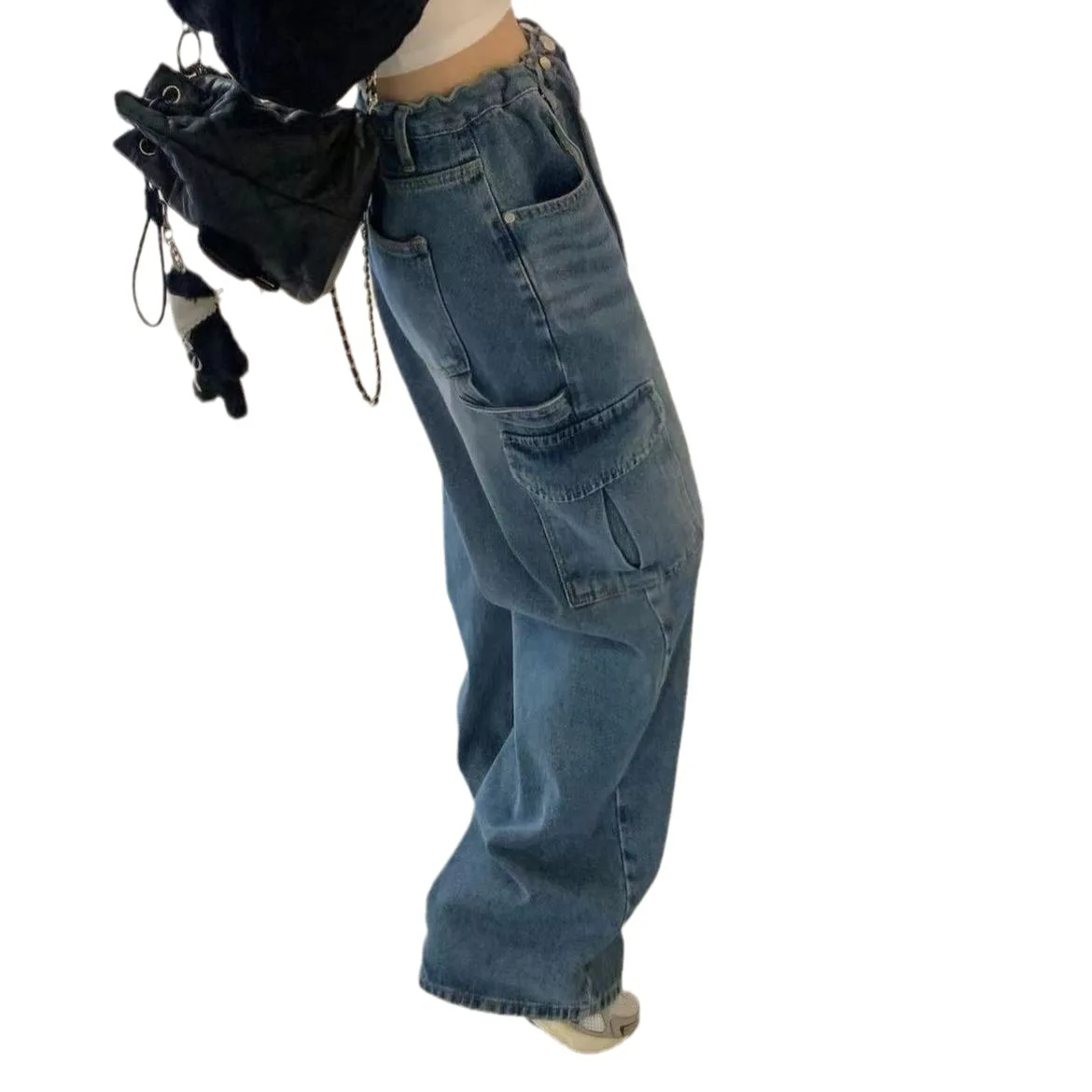 Women Jeans 2026 New Spring Women Denim Wide Leg Pants Drawstring Big Pocket Neutral Loose Casual Cargo Trousers 5