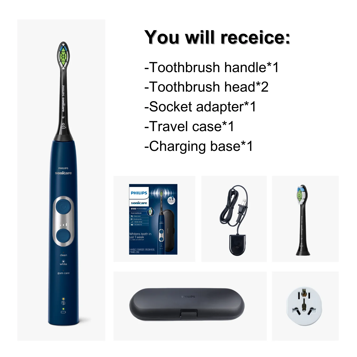 Philips Sonicare Protective Clean 6100 HX6871 Rechargeable Electric Power Toothbrush, 3 Modes, 3 Intensities, Travel Case