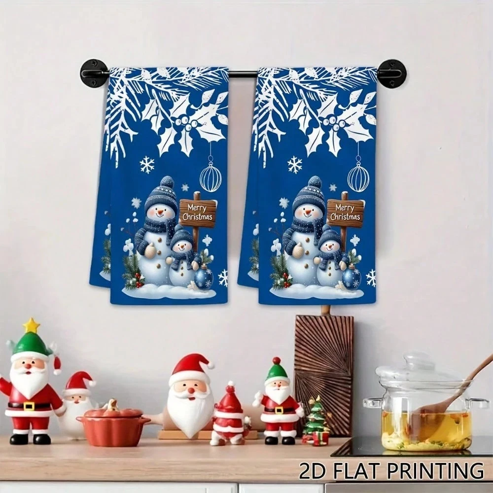 2pc Christmas Snowman Kitchen Towels - Blue Holly Berry Design, Absorbent Polyester for Party Home Use