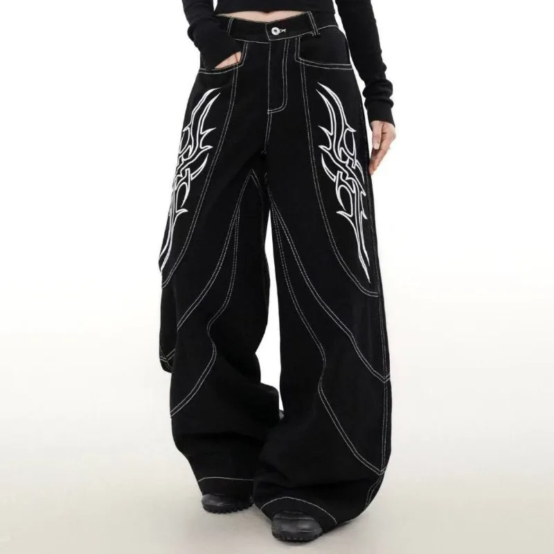 

Y2K American High Street Embroidered Wide-leg Jeans Male Gothic Harajuku Trend Brand Baggy Deconstruction Couple Machete Pants
