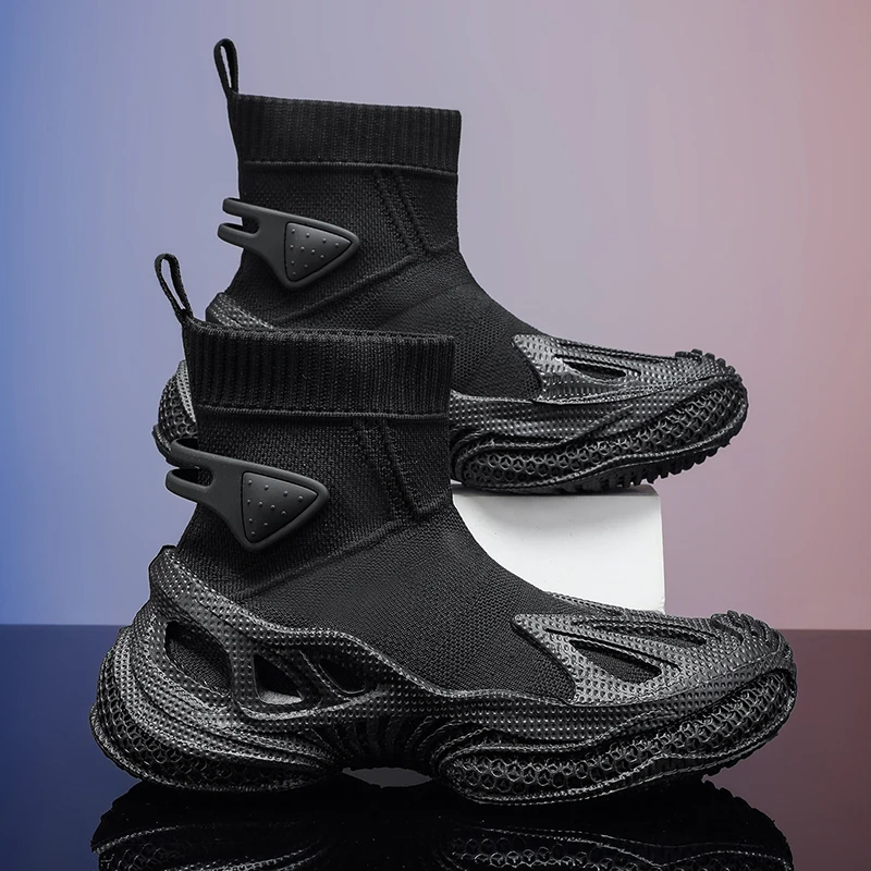 

Classic Black Men's High Top Shoes Breathable Knit Socks Shoes Man Outdoor Trendy Mecha Shoes Men Casual Boots Chaussure Hommes