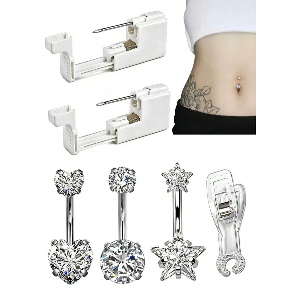Navel Piercing Set Includes 2pcs Disposable Navel Self-Piercing Guns 1 Set Navel Piercing Rings And Clamps Piercing Supplies