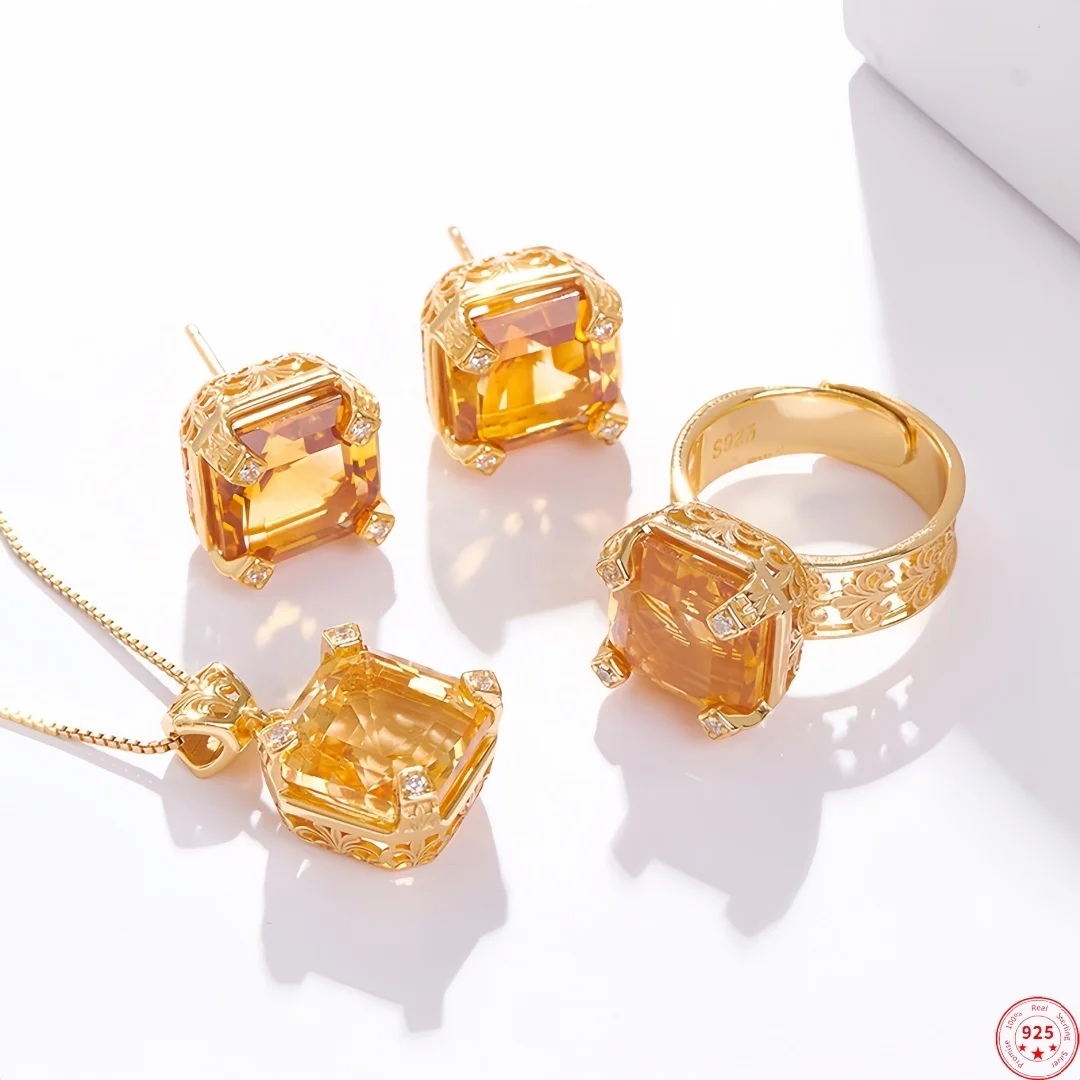 New S925 Sterling Silver Charms Stud Earrings for Women Natural Citrine Zircon Gilded Peandant Rings Ear Stud Fine Choice Jewelr