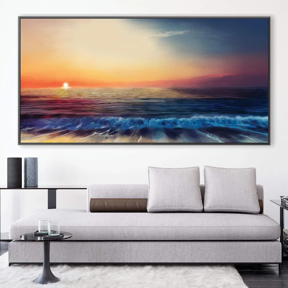 

Landscape Seaside Sunset Art Canvas, Oil Painting, Modern Home Sofa, Corridor Wall Decor, Waves Skyline, Living Room Decoration