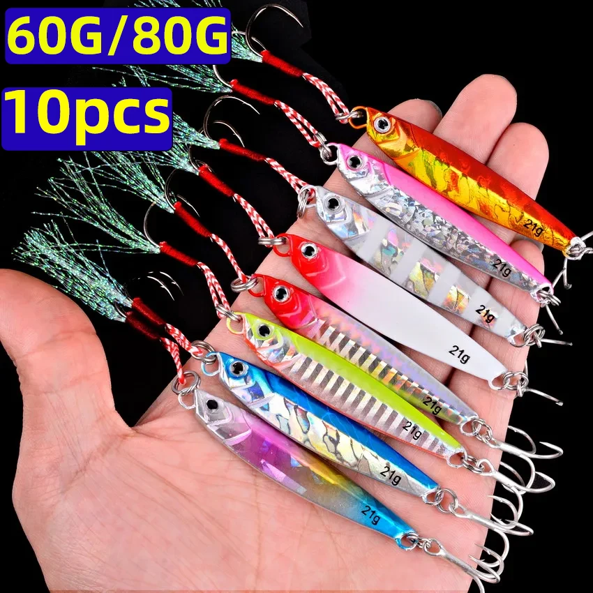 10pcs Metal Cast Jigs Spoon  Saltwater Lures Set  60g 80g Shore Casting Jigging Fish Sea Bass Fishing Lure Artificial Bait