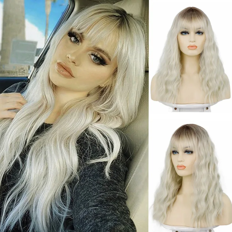 , European and American women's , synthetic fiber water wave pattern in silver gray, wig with bangs, in stock