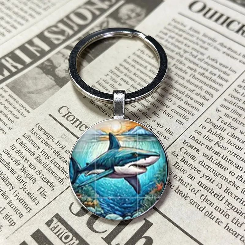 Vibrant Multihue Stained Glass Shark Fish Art Metal Keyring, Minimalist Coastal Sea Motif Gift Accessory For Ocean Enthusiasts