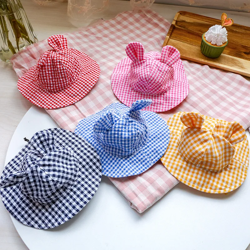 Pastoral Style Plaid Cat Hat Cute Ears Sunshade Cap for Dogs Summer Pet Headwear Unisex Outdoor Hats Chihuahua Dogs Accessories