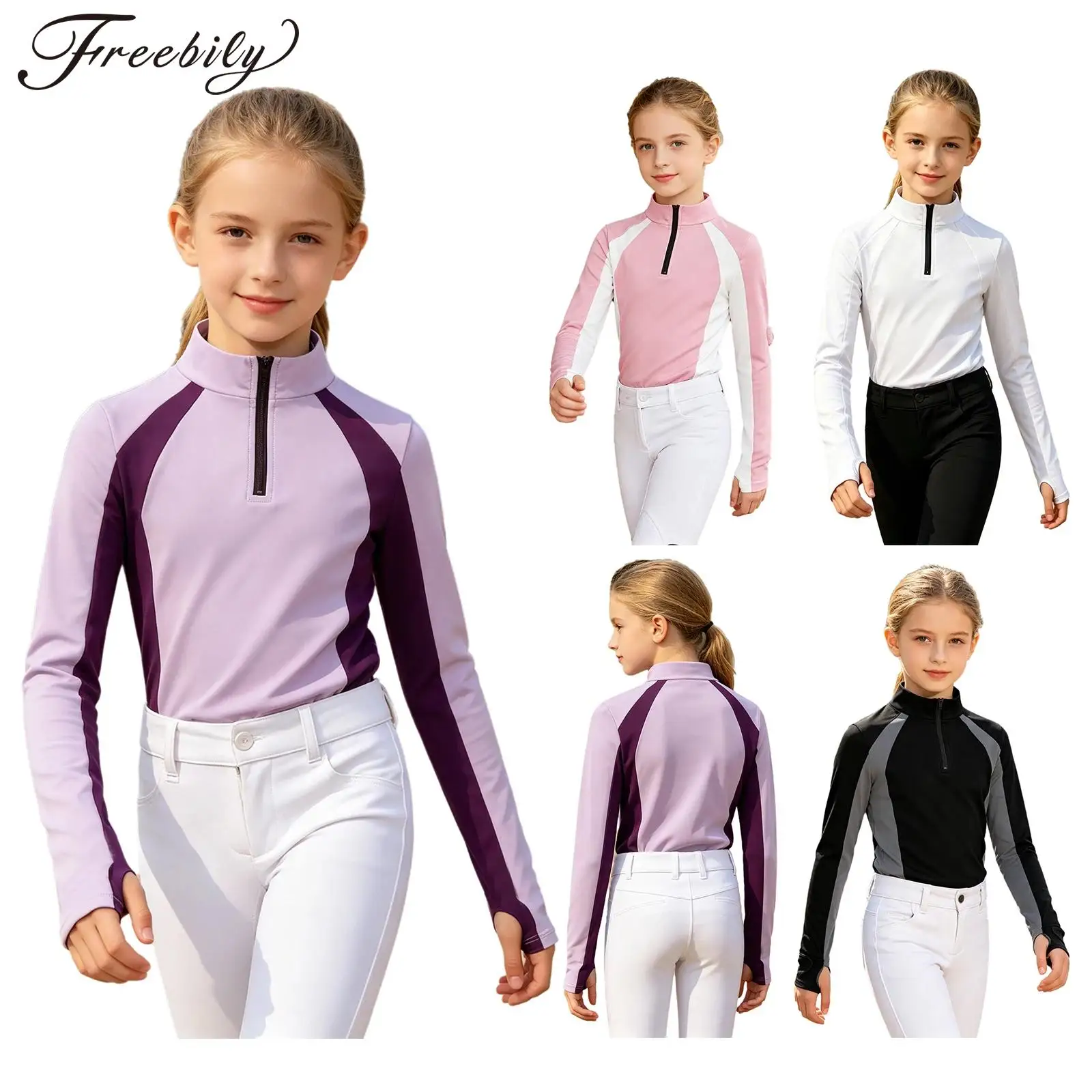 

Kids Girls Horse Riding Jacket Quick Dry Long Sleeve Half Zip Color Block Equestrian Shirt with Thumbholes