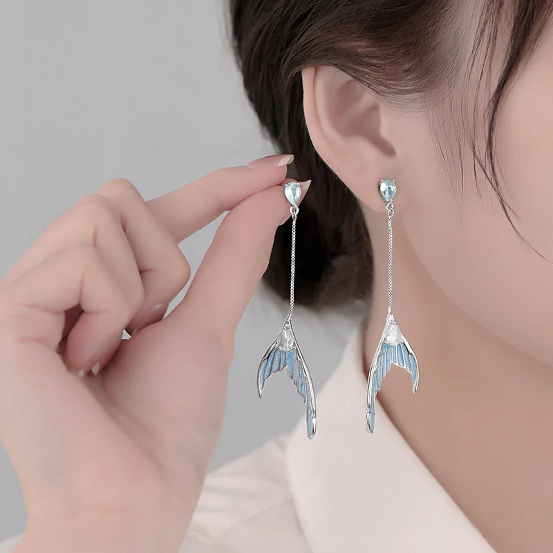 Original Design Long fishtail Earrings for women Light Luxury Romantic High-quality Enamel Blue Chains Earring Party Jewelry