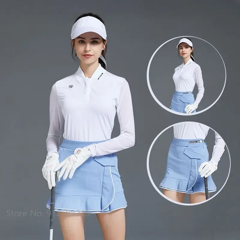 

Swan Love Golf Sunscreen Women Shirt Ice Silk Long Sleeve T-shirt Ladies Slim Pencil Skirt Blue Ruffle Skort Golf Clothing Suits