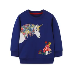 Jumping Meters 2-7T Unicorn Applique Girls Sweatshirts Autumn Spring Animals Children's Clothing Long Sleeve Baby Hooded Shirts