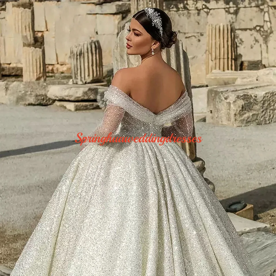 

Customized Elegant Sweetheart Off The Shoulder Backless WeddingDress Long Sleeves Floor Length Sweep Train Shiny Zipper Bridal