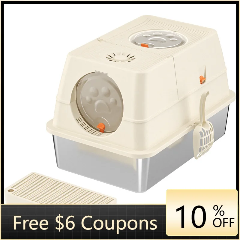 

STLF Extra Large Fully Enclosed Eco-friendly Stainless Steel Square Cat LitterS Box Splash-Proof Deodorizing Elevated Fence Flip