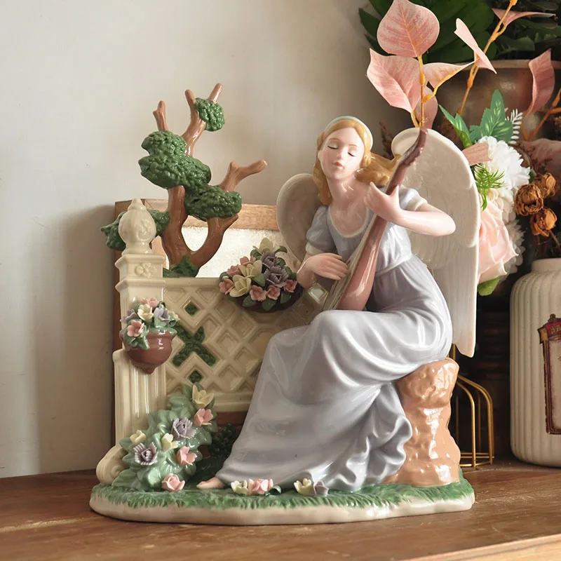 Ceramic Handicrafts Garden Playing Piano Girl Sculpture Porcelain Angel Girl Figurines Ornaments Home Decorations Birthday Gifts