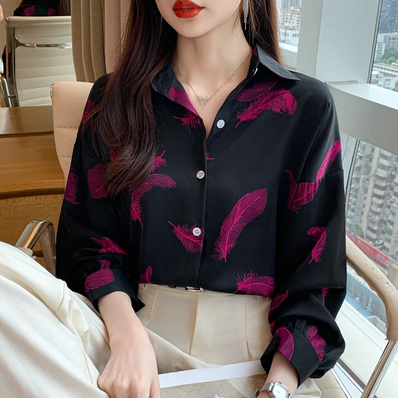 Women Summer Simplicity Loose Fashion Printing Chiffon Turn-down Collar 3/4 Sleeve Shirts Women Clothes Casual All-match Tops