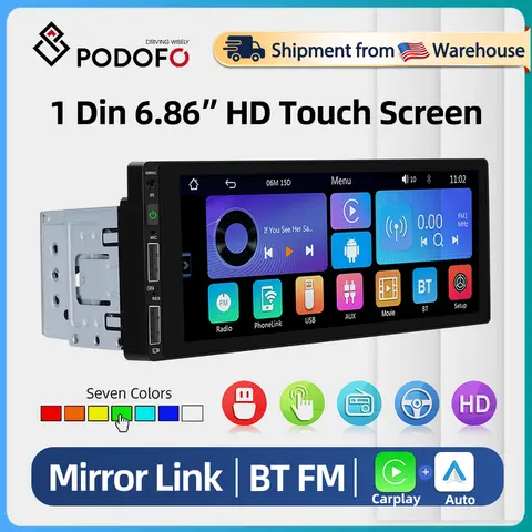 Podofo 6.86 Inch 1Din Carplay Android Auto Car Radio Multimedia Video MP5 Player With BT FM Stereo USB Type-C Plug Autoradio