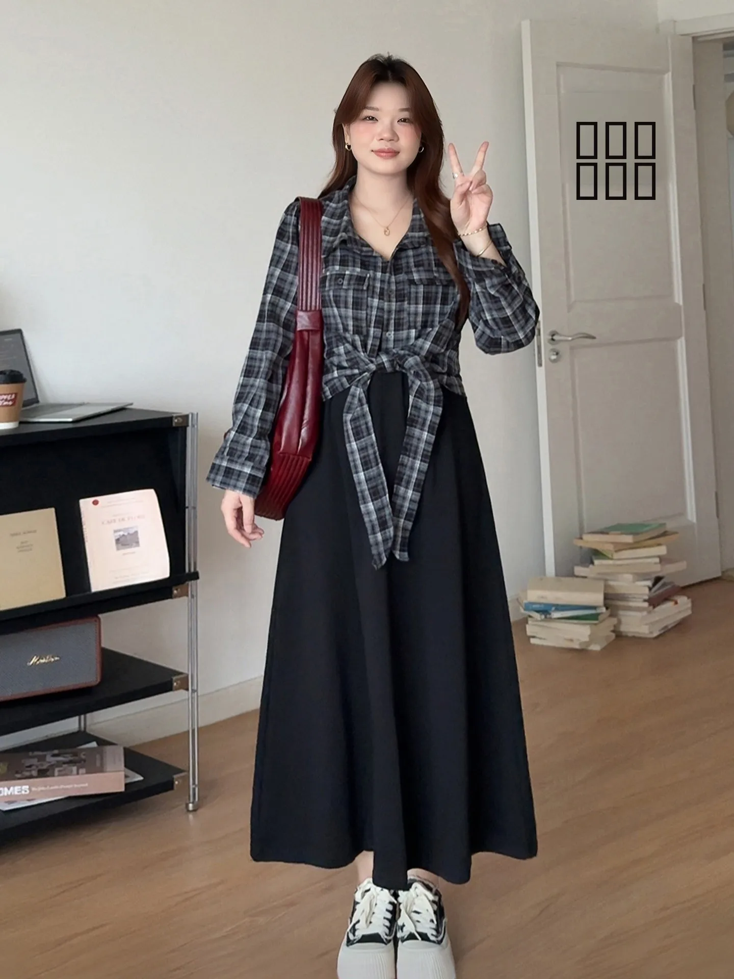 

Комплект женской одежды больших размеров: осенний длинный свитер и юбка А-силуэта с высокой талией в корейском стиле, повседневный, из полиэфирного волокна