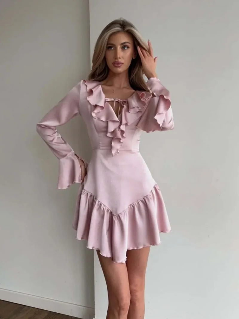 Elegant Satin Ruffle Trimmed Mini Dresses Women's 2025 New Chic Design Ruffled Neckline＆Flared Cuffs Lady Sweet＆Stylish Outfits