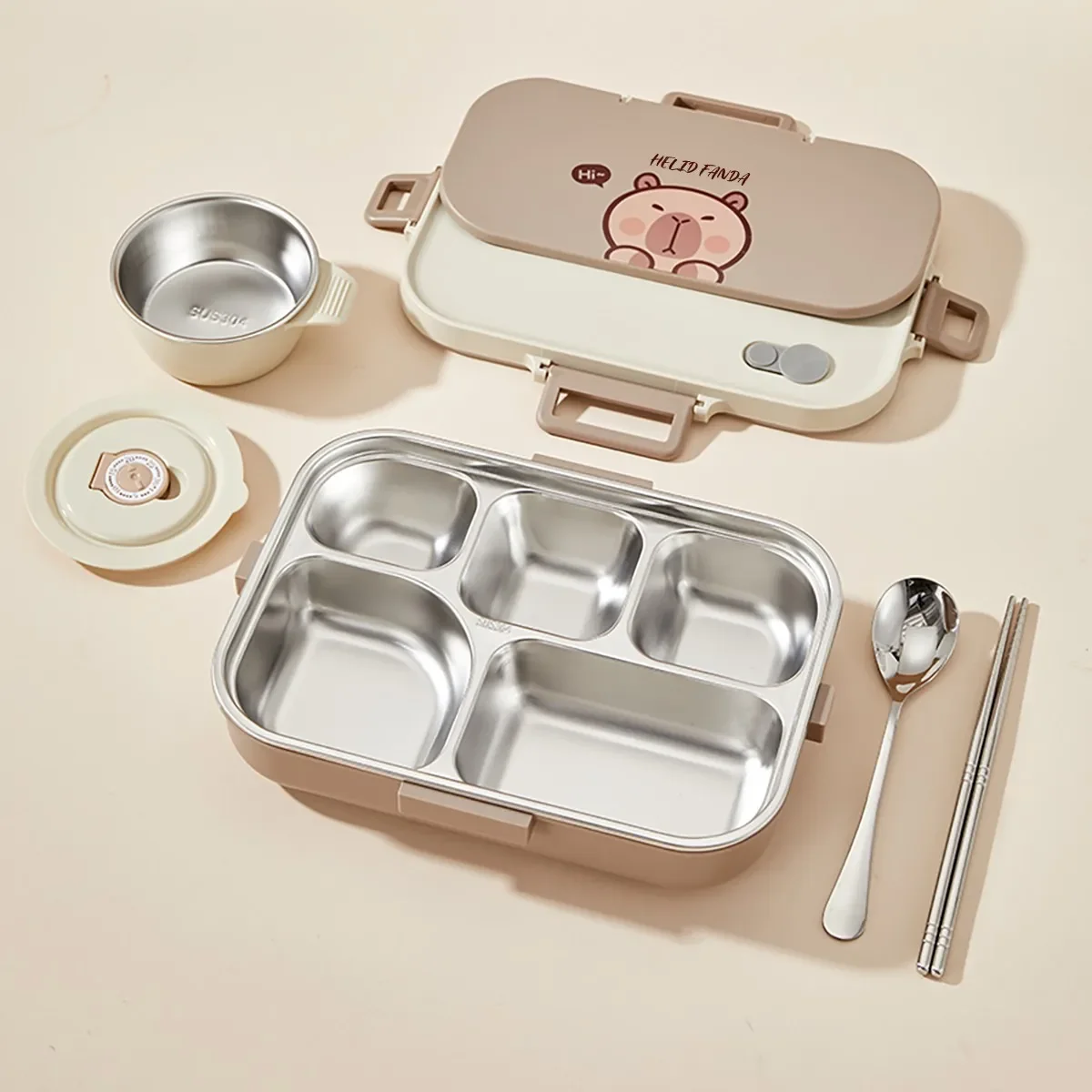 Magnetronbestendige 304 roestvrijstalen bentobox met 4/5 compartimenten, draagbare, lekvrije lunchbox voor het bereiden van maaltijden, geschikt voor kinderen op school.