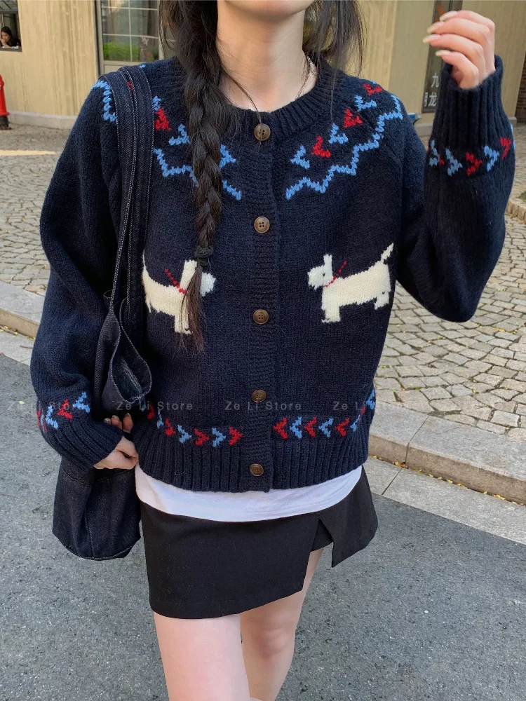 Cartoon Puppy Jacquard Crew Neck Single-breasted Knitted Top Women's Autumn and Winter Loose and Thin Versatile Warm Sweater