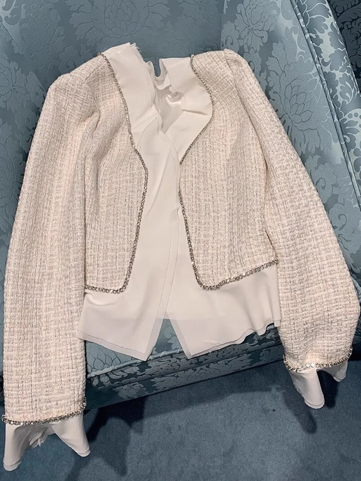 

Slimming Diamond Embedded Knitted Tweed Cardigan Outerwear for Women Autumn 2025 Luxury Sle Straight Cut Long Sve Coat