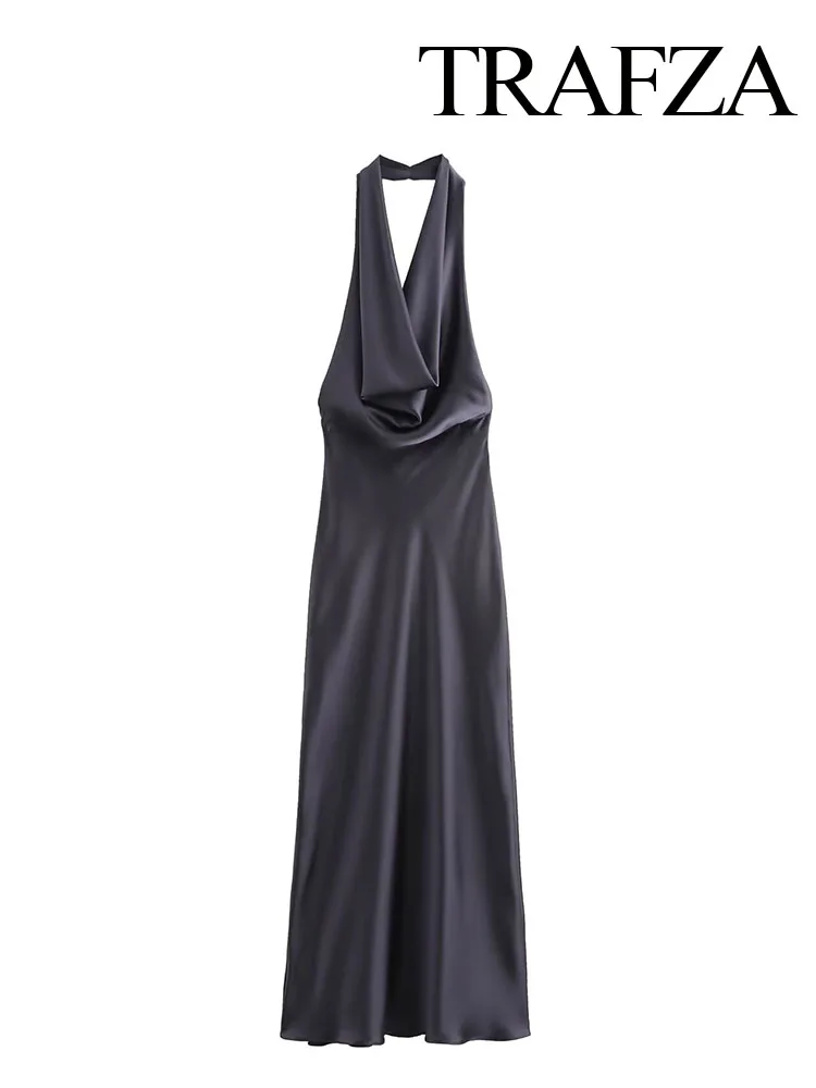 TRAFZA-Robe Mi-Longue en Satin pour Femme, Tenue Sexy, Dos aux, Col Frontal, Couleur Unie, Été