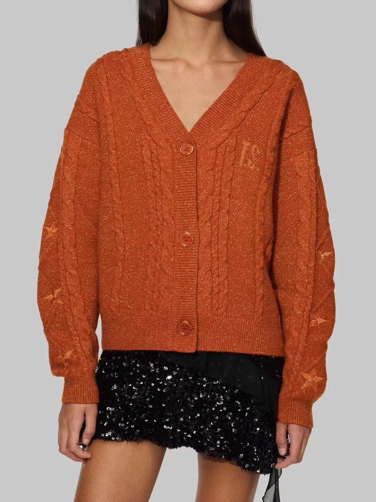 Glittery TS Orange Cardigan Gold Embroidered Stars Chunky Knit Cardigan Loose Fitting Casual Sweater Y2k Women Winter Clothing