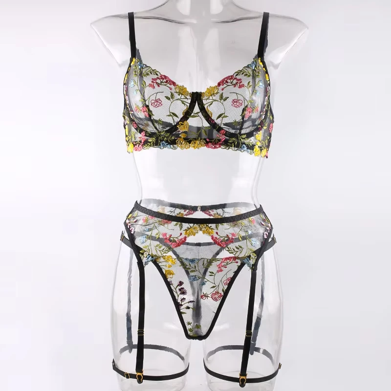 Bikini see-through floral lingerie four-piece set with leg rings swimsuit