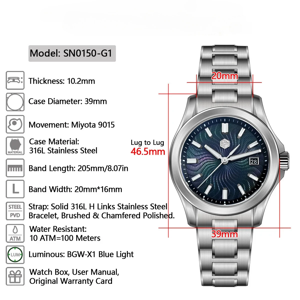 39mm Guilloche MOP Dial Gada Watch Miyota 9015 Luxury Automatic Mechanical Watches 10 ATM Reloj Watch Men