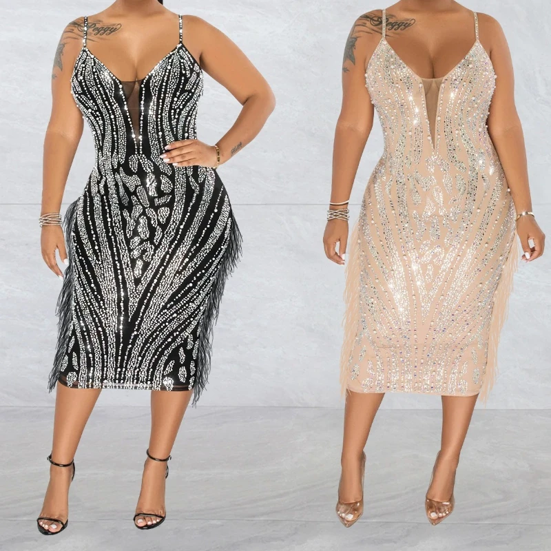 Vestido largo ajustado de malla transparente para mujer, vestido Sexy sin mangas con cuello en V y diamantes de imitación brillantes, vestido de fiesta para discoteca