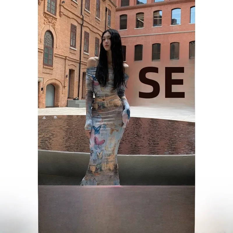 

Длинная юбка-юбка с принтом на одно плечо, комплект сексуальной девушки в американском стиле ретро, моющийся женский ансамбль