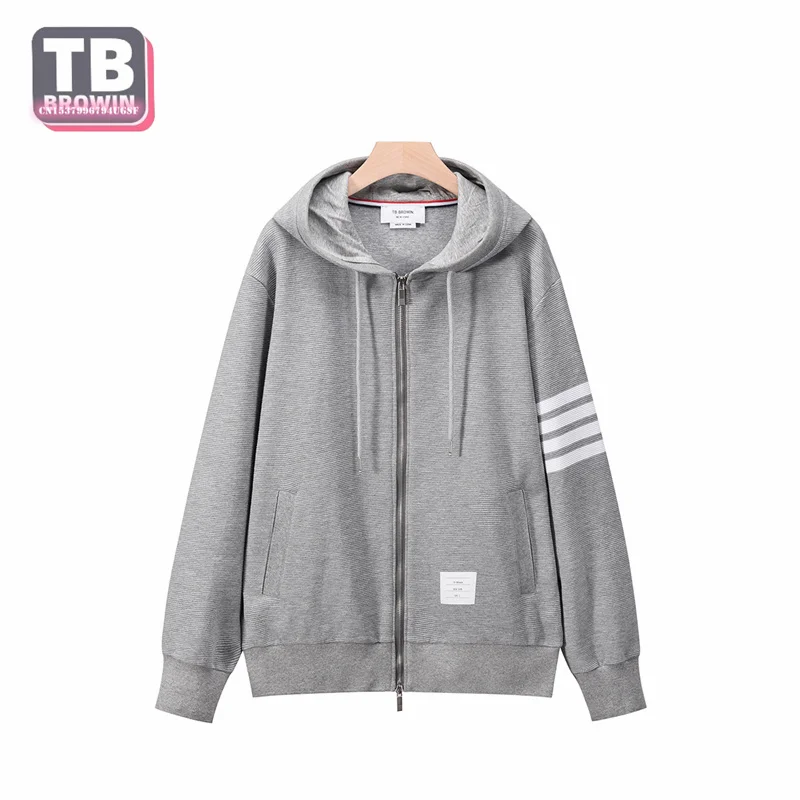 TB Flagship-Store brand men\'s trend sports casual four bars striped cotton zipper Long Sleeve hoodie cardigan tide coat