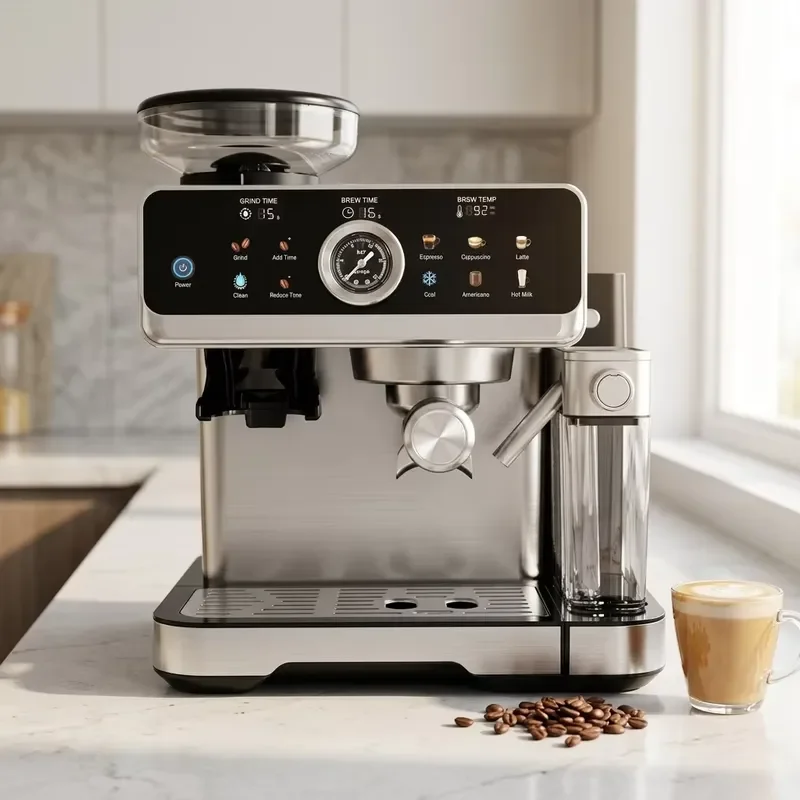 2026 Cold Frother Milk Tank 4 in 1 20 Bar Latte Mocca Pressure Gauge Espresso Coffee Machine with Grinder