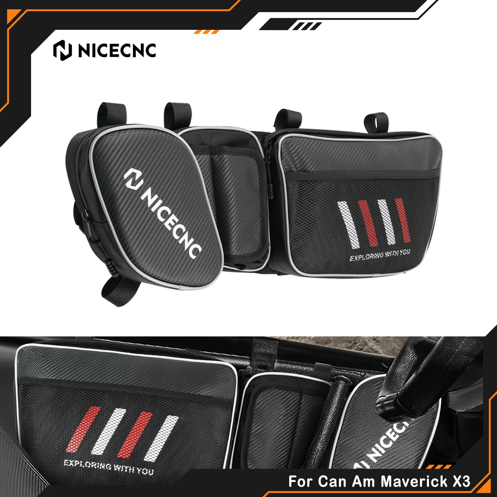 NICECNC For Can Am Maverick X3 Side Door Bags Door Mount Adjustable Strap Water-resistant Detachable Sponge Front Side Storage