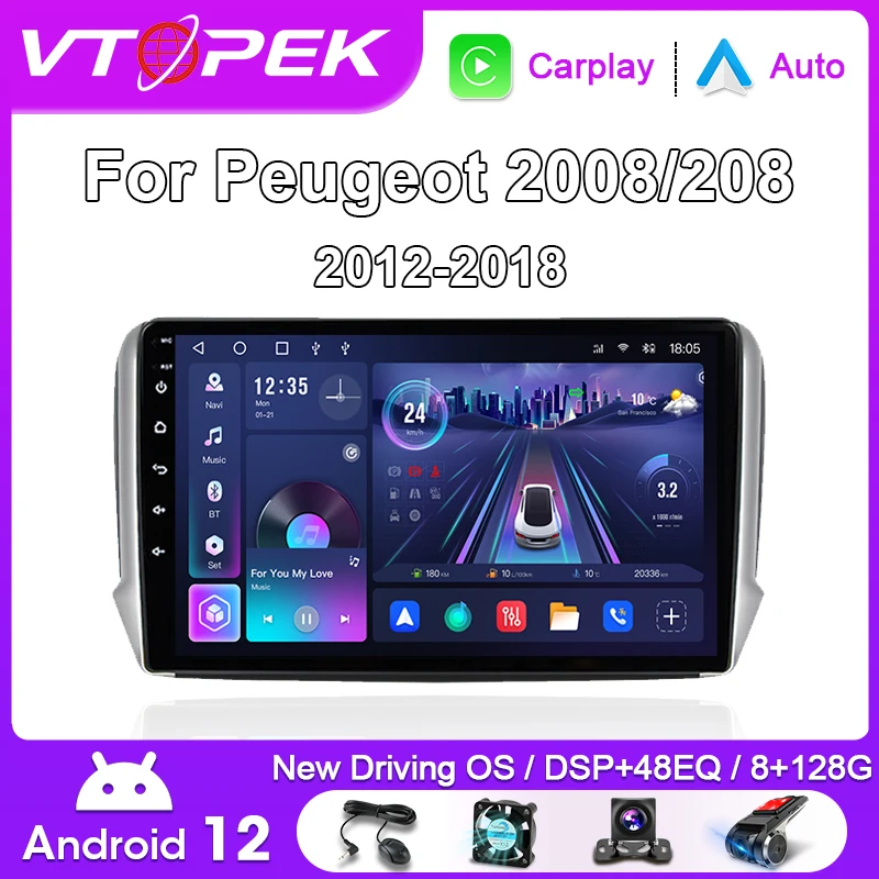 Автомобильный мультимедийный плеер Vtopek 2Din Android 12 для Peugeot 2008 208 2012-2018 с поддержкой навигационной беспровод...