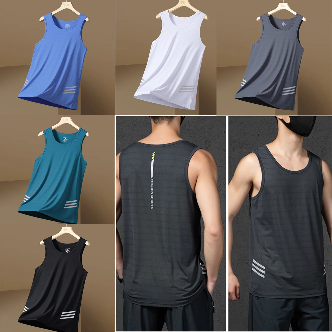 Men's Plus Size Casual Breathable Mesh Vest Sports Fitness Quick Drying Sleeveless Round Neck Striped Embosser Fits Skin