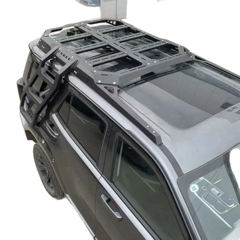 High Quality Aluminum Alloy 120KG Capacity Waterproof Lockable Expansion Roof Rack Platform With Side Tent Ladder Storage Box 4x
