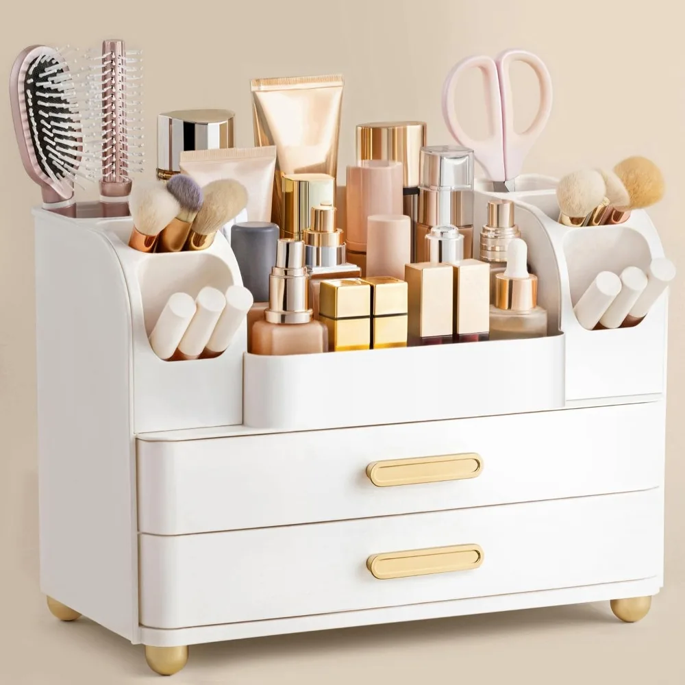 

Large Vanity Makeup Organizer with Brush Holder for Bathroom Countertop Lipstick Nail Polish Perfume Eyeshadow Storage White