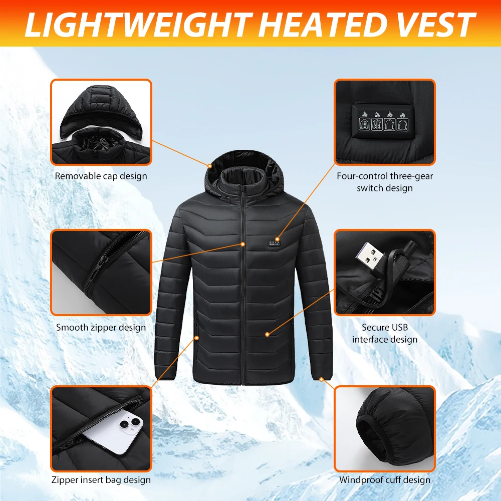 25 Areas Heated Jacket Men USB Electric Heating Hooded Cotton Clothes for Couple Winter Motorcycle Jacket Outdoor Warm Coat