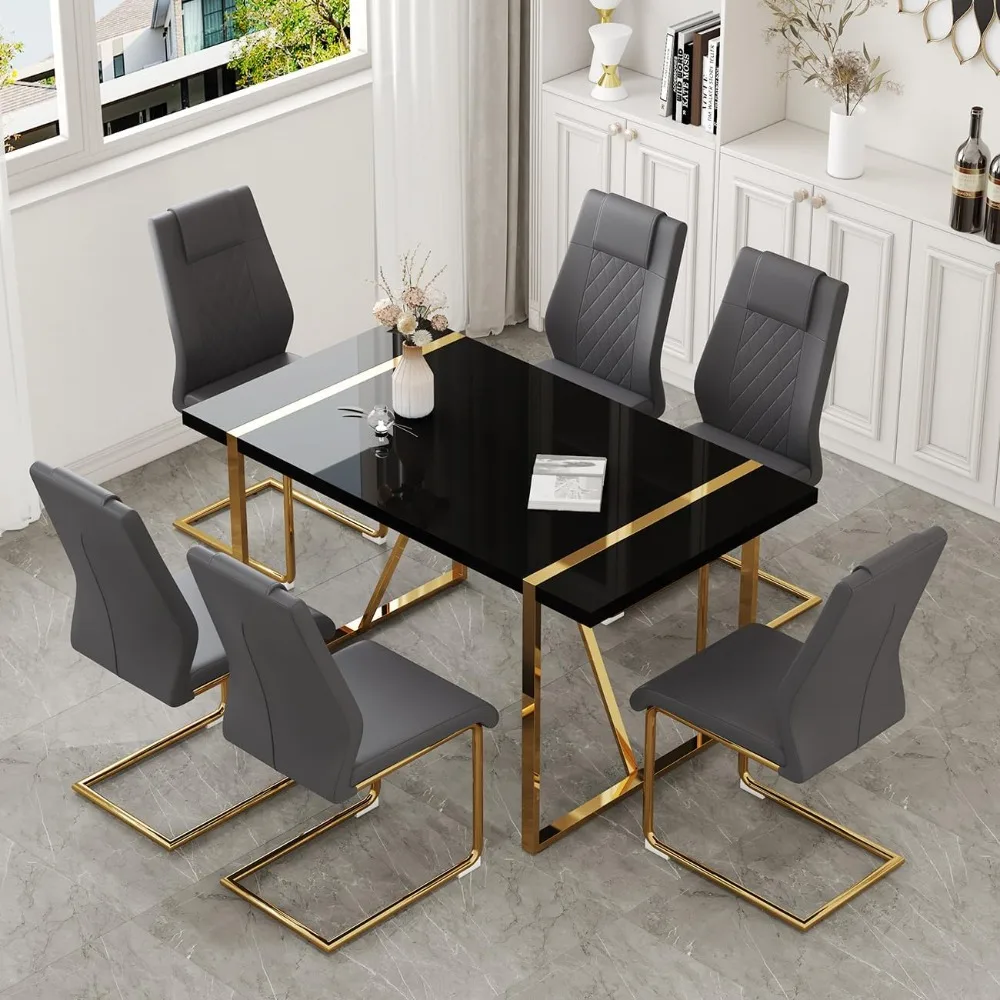 

55‘’ Dining Table Set for 6, Dining Room Table with 6 Black Upholstered Dining Chairs, Dinner Table Set