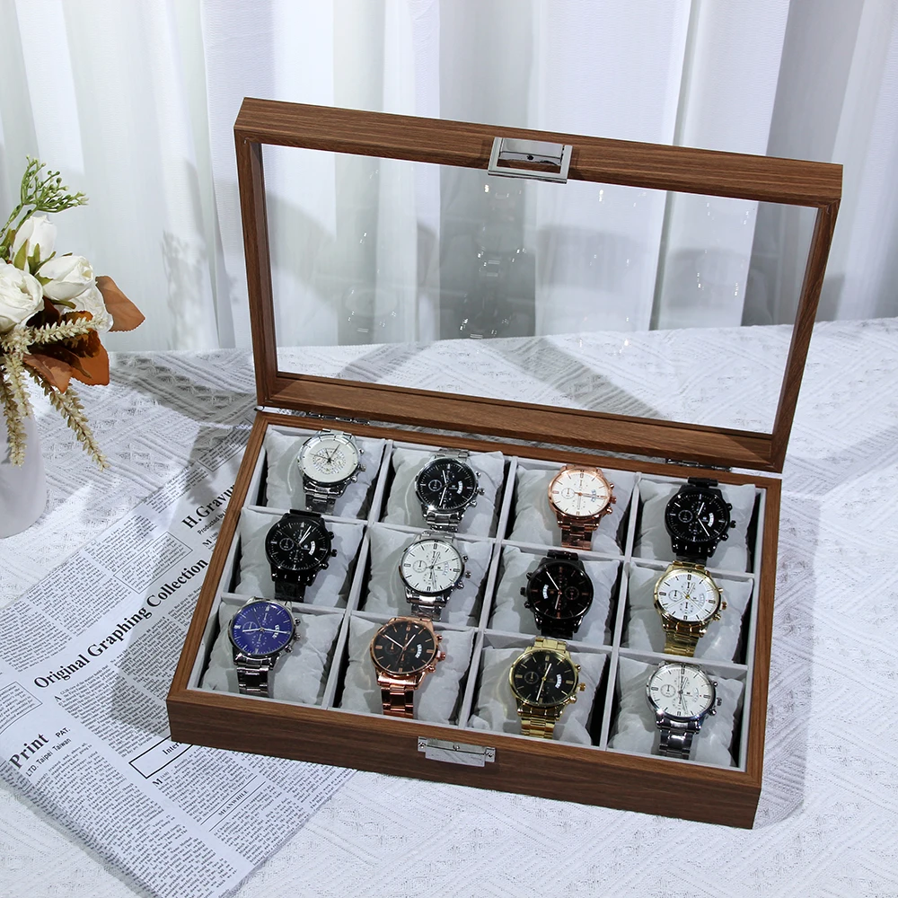 VANSIHO 2/3/6/10/12 Slots New Fashion Chinese Style Wooden Lock Watch Storage Box Viewable Skylight Walnut Wooden Watch Box