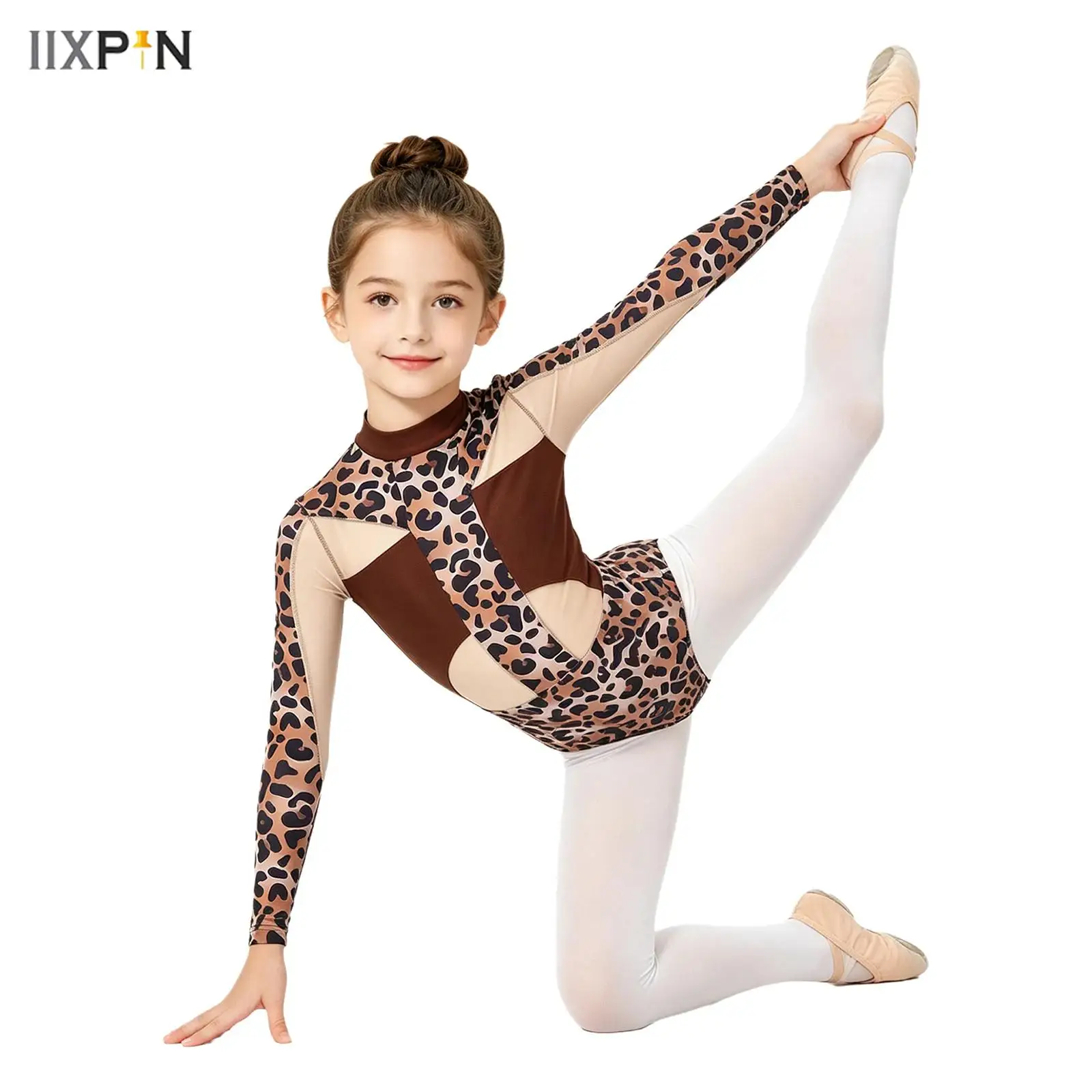 Gymnastics Dance Bodysuit Printed Mesh Patchwork Long Sleeve Crotch Press Button Unitard for Ballet Leotard Skating Performance
