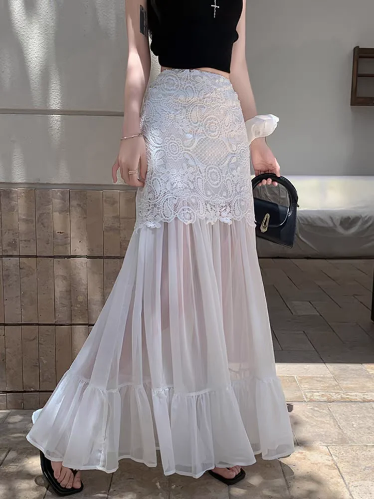 

Элегантная женская сетчатая юбка-русалка с кружевной отделкой — лето 202, облегающая макси-юбка трапециевидной формы с высокой талией и утягивающим силуэтом