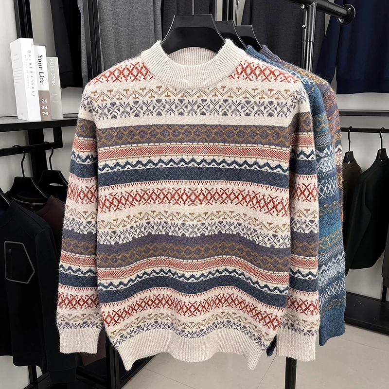 Gran oferta, novedad de invierno, Jersey grueso de cuello semialto para hombre, prendas de punto de alta calidad con bloques de Color Jacquard, ropa cálida de oficina para hombre