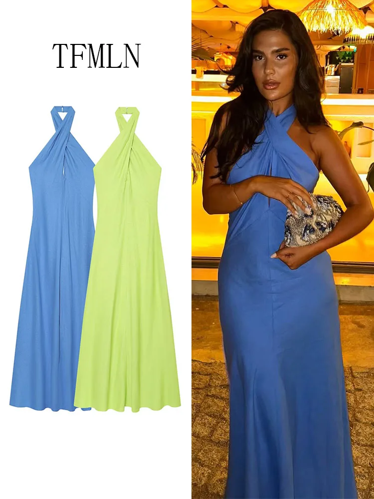 TFMLN Women's Cross Halter Backless Dress Summer 2026 Sexy Twist Front Cutout Bodycon Long Dress Elegant Vacation Party Gown