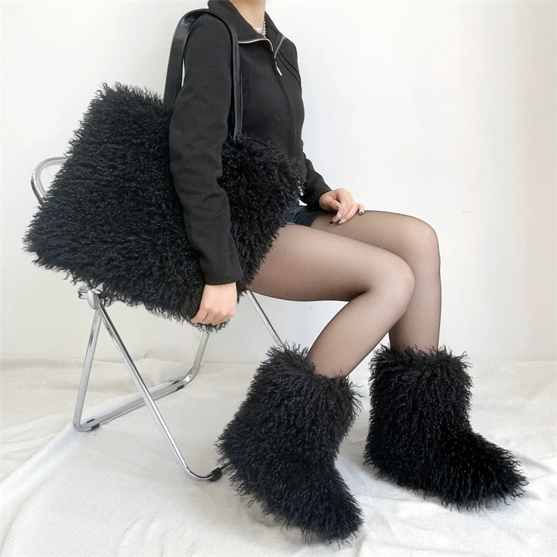 Hot Sale Ins Fashion Long Women Furry Boots Bags Set Winter Knee Length Keep Warm Ladies Snow Boots