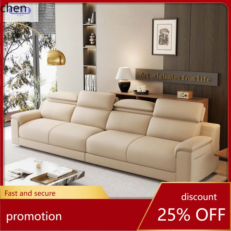 

HT Genuine Leather Piano Key Straight Row Sofa Modern Minimalist Living Room Sofa with Footrest Full Genuine Leather